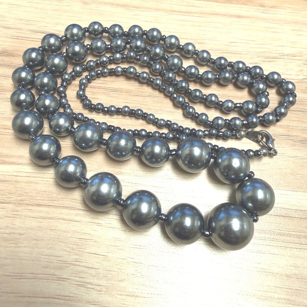 Gunmetal Grey Graduated Faux Pearl Long Strand Necklace 36 Inch Statement Black